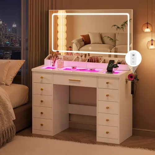 LAKEMID Modern Makeup Dressing Table - 58" Rectangular Lighted Vanity with Glass Top, Sturdy Base, Adjustable RGB LED Ambient Lighting (3 Color Modes), 11 Drawers, Power Outlet, White Transparent Vanity for Women's Bedroom (Requires Assembly)