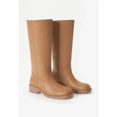 JUSTFAB Women's Banana Knee-High Boots - Premium Soft PU Eco Leather Footwear, Square Toe, Retro Cowgirl Style, 1.75" Block Heel, Pull-On Women's Shoes, SohoChic Fashion, Casual Fall Wear