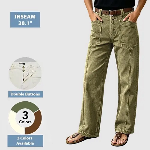 Flamingals Solid Stitch Detail Patch Pocket High Rise Straight Leg Pants Womenswear Stretchy 29.7" Inseam