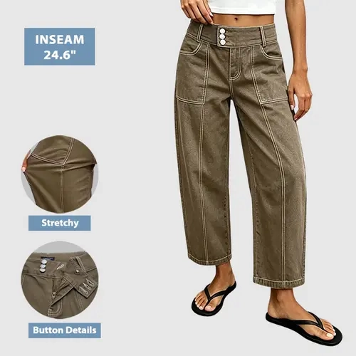 Flamingals Stitch Detail Button Up Mid Rise Straight Leg Crop Pants Womenswear Stretchy 24.6" Inseam