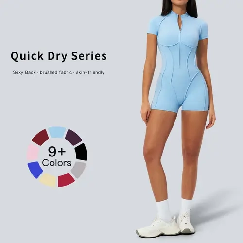 Tenwolf Women’s Slim Fit Stand Collar Zipper Shaping Activewear Jumpsuit - Solid Color Sportswear Jumpsuit for Gym, Home Training