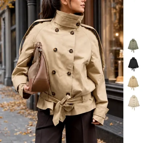 YeeZaa Funnel Collar Trench Coat for Women High Collar Front Double Breasted Fall Winter Coats Windproof Casual Long Sleeves Overcoat with Pockets Adjustable Belted Jackets 2026 Trendy Work Outfits Going Out Street Style  Trench Coat Buttoned to the Top