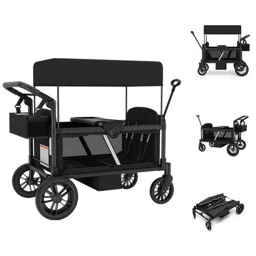 Scabine 4-Seat All-Terrain Toddler Wagon Quad Stroller - Collapsible, Folding, Portable Foldable, for Multiple Kids, Adjustable UPF Sun Canopy, Side Opening Door, Push-Pull Handles, Detachable Snack Tray, Large Storage, Outdoor Family Use, Grey/Black, Col