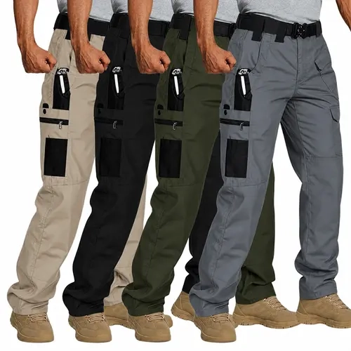 HOMUG Men's 4-Pack Mid Waist Fitted Cut Cargo Pants - Durable Recycled Poly Ripstop Fabric, Water Resistant, Breathable, 9 Multi Pockets, Machine Washable, All-Purpose Casual Outdoor Trousers for Construction Work, Hiking (Size Up for Looser Fit)