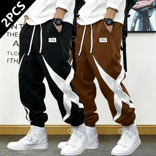 Men's 2-Pack All-Season Multi-Size Drawstring Workout Jogger Pants - Unique Colorblock Patch Pattern, Elastic Drawcord Waistband, Tapered Cuffs, Customizable Fit, Sports Design, Street Casual, Ideal Gift, Sports Jogger Pants