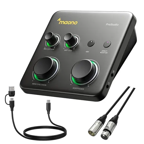 MAONO P1 Compact Hybrid USB/XLR Audio Interface (Cable Shipped Separately) with Cable & Adapter - 70dB Gain, Auto-Gain, Loopback, Mute, Noise Reduction - for PC, Phone, iPad, Guitar, Mic - Content Creators' Streaming, Recording