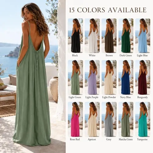 Women's Sleeveless Solid Polyester Blend Cami Maxi Dress - Long Length, Loose Drape Fabric, Pockets, Flowy Open Back Tie, Backless Dress, Summer Casual Wear