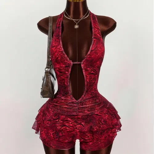 Women's Leopard Print Stretchy Fabric Halter Neck Sleeveless Deep V-Neck Flat Bodysuit - Day & Summer Going Out Style Fashion Apparel Top