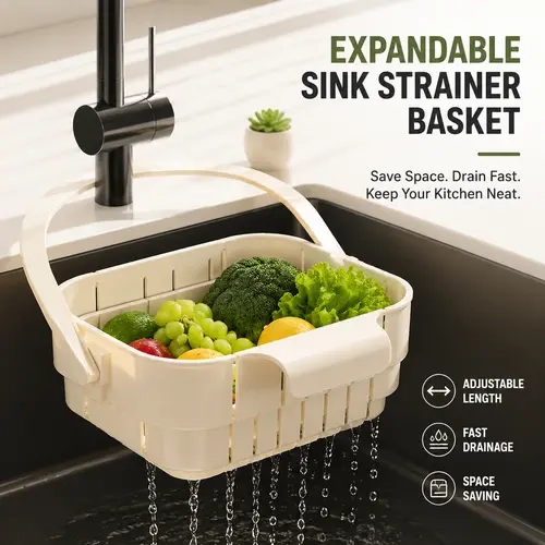 22x19cm Rectangular ABS+TPR Lightweight Foldable Expandable Kitchen Sink Strainer Basket, Adjustable Colander with Removable Drip Tray & Basket Attachment, Adjustable Organizer Draining Boards, Under-Sink Organizer Draining Boards for Fruit Washing