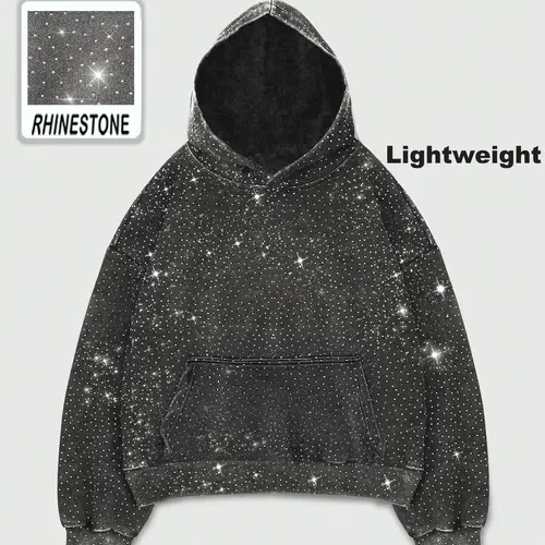 【With Pocket】Rhinestone Glitter Unisex Spring Oversized Hoodies Sparkly Long Sleeve Shirts Party Hooded Sweatshirts Tops