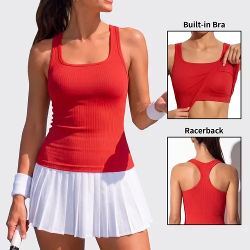 ATTRACO Ribflex Womens Ribbed Workout Tank Tops Built in Bra Racerback Yoga Square Neck, Built-in Removable Bra, Racerback, Ribbed, Seamless, Workout, Yoga, Stretchy Fabric, Gym, Fitness, Running
