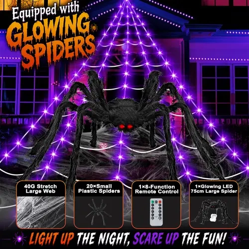 Scary Giant Web Shape Lighting Spider Web Lights Set - 16.4ft 250 LEDs, 2.46ft Plastic Light-Up Spider, Violet/Orange Options, Polyester Rope, Tree Hook, Outdoor Halloween Decor, Yard Decor, Decorating Aid, Polyester Rope Accent, Home Festive Supplies