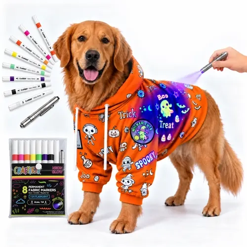 Craftikit Halloween Dog Hooded Sweatshirt - Easy Customization UV Glow Fleece, Includes Markers, Pocket, UV Light, 4 Swap-On Patches, Multi-Size XXS-3XL Pet Sweater for Small-Large Dogs, Spooky Outfit
