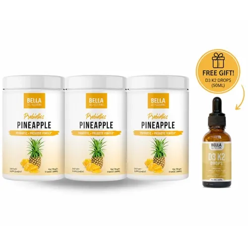3 Pack Bella All Natural Probiotics Pineapple Powder + D3 K2 DROPS (FREE GIFT)