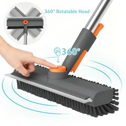 AIR U 3-in-1 Functional Scrub Brush Broom - Long Handle Adjustable Extendable, Rotatable Head, Heavy-Duty Stiff Bristles, 360° Rotating Scraper, Multi-Surface Cleaning Supplies for Home Users' Indoor Bathtub, Outdoor Patio