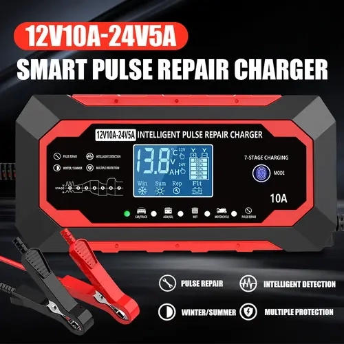 12V/24V Dual Car Battery Charger Unit - 10A 12V, 5A 24V Full Auto Fast Intelligent Pulse Repair Replenisher with LCD Screen, Multifunctional for Cars, Trucks, Marine Vehicles