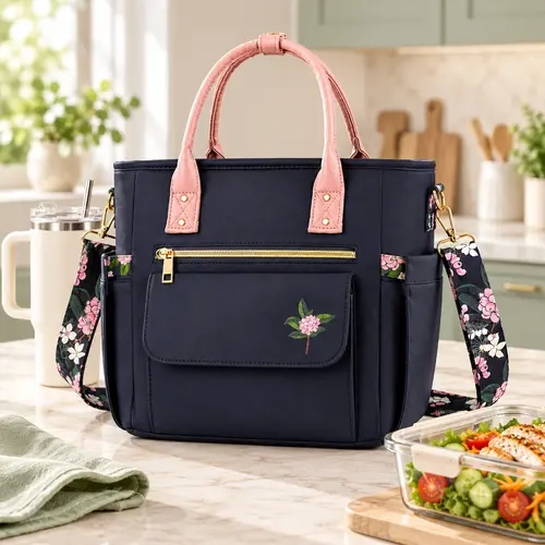 Women's Large Insulated Lunch Tote - Leakproof Lunch Bag with Wide Opening, Multiple Pockets, Adjustable Shoulder Strap & Easy-Clean PEVA Liner
