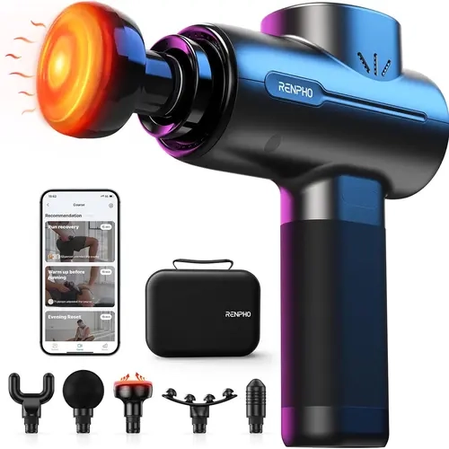 RENPHO Active+ Thermacool Gun - Adjustable Motor-Driven Handheld Percussion Muscle Massager, Bluetooth, Heat/Cold Therapy, App Control, Video Tutorials, 5 Speeds, 5 Heads, Carry Case, Lightweight Battery-Powered Deep Relief Mechanical Stress Reliever Tool