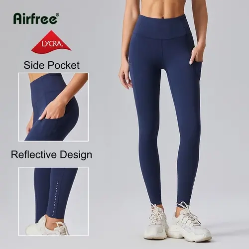 Women's Abdominal Compression Sports Leggings - High Waisted, Tummy Control, Side Pocket, Drawstring Waist, Elastic Blend, Moisture-Wicking, Reflective Trim, All-Season Athleisure Wear for Fitness Pants, Breathable Sports Bottoms