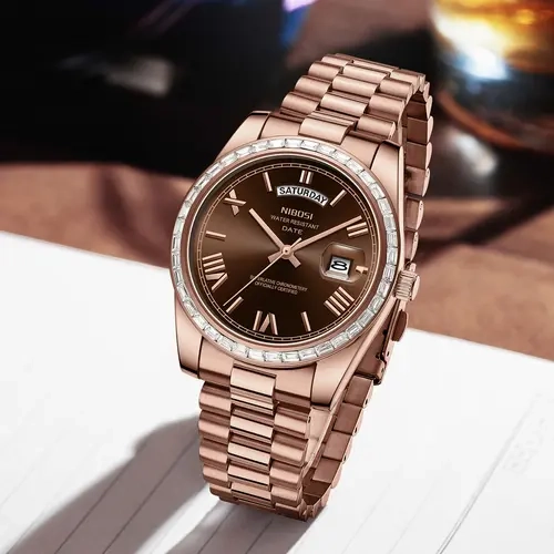 NIBOSI Men's Luxury Classic Analog Quartz Wristwatch - 40mm Mineral Glass, All-Metal Diamond Bezel, Stainless Steel Bracelet, 30M-50M Waterproof, Day-Date Dual Display, Business Casual High-End Accessory, Elegant Fashion Men's Watch Gift, Analog Wristwatc