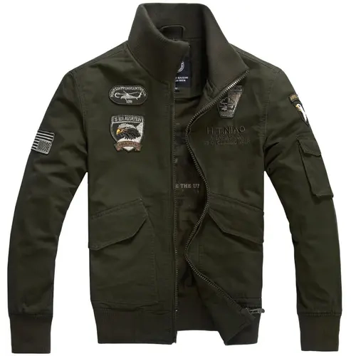 Men's Cotton Military Bomber Jacket Flight Cargo Outwear With Embroidered Patches Eagle Helicopter Badges Stand Collar Ribbed Trim Full Zip Up Windbreaker Heavyweight Utility Sleeve Pocket Combat Army Field Coat Retropremium Tactical green,