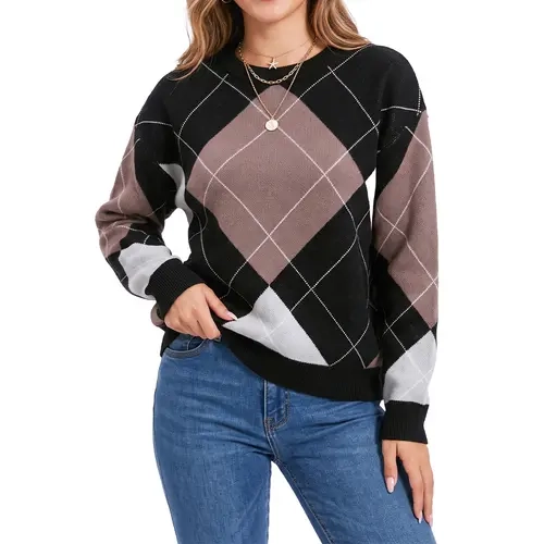 Shewin Women's Regular Geometric Argyle Plaid Long-Sleeve Pullover Sweater - Knitting Drop Shoulder Round Neck Top, Casual Minimalist High-Stretch Ribbed Cuffs, Soft Viscose-Polyester Blend Lightweight Breathable Knitwear