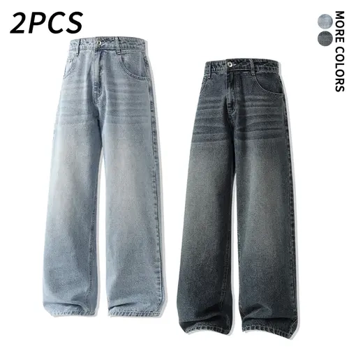 2 PCS/1 PCS Retro Distressed Wide Leg Denim Jeans for Men, High Rise Loose Fit, Street Style Casual Pants vintage bleached pocket