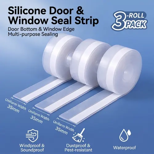 3-Pack Transparent Self-Adhesive Silicone Weather Stripping Tape Draught Excluders & Seals, Door Bottom Seal Strip, Leakproof Noise Blocking Gap Sealer for DIY Home Weatherproofing (Indoor/Outdoor Use)