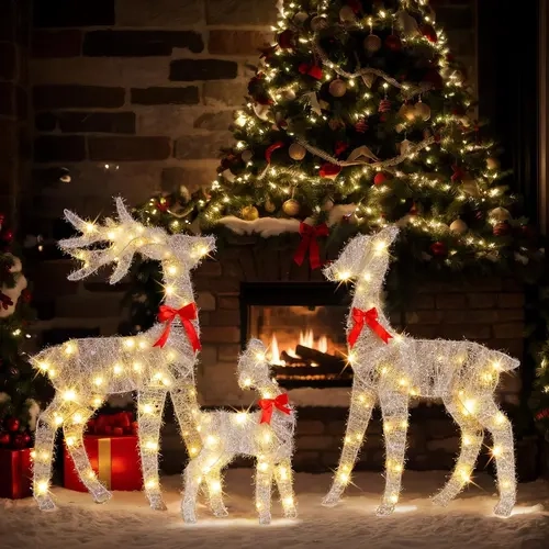 3FT Weatherproof Tinsel Reindeer Family Trio Set, 3-Piece Buck-Doe-Fawn Pre-Lit Outdoor Yard Decoration, 110 Warm White LED Lights, Holiday Home Festive Lawn Supplies