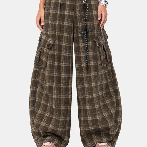 Aelfric Eden Men's High-Waist Baggy Oversize Plaid Cargo Pants - Classic Vintage Check, Balloon Barrel Silhouette, Utility Pockets, Detachable Heart Embroidery Charm, Drawstring, Button Closure, Retro Fall-Winter Streetwear Casual Bottoms