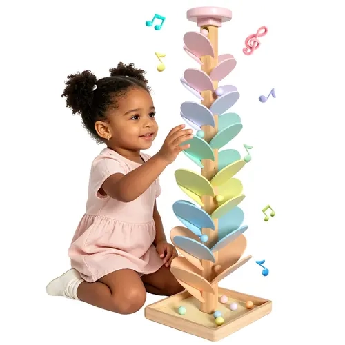 Gotoofun Natural Wood Rainbow Leaf Singing Tree - 2cm Wooden Marble Run Music Play Toy with Storage Lid, 12 Balls Incl., STEM Sensory Toy, Gifts for Kids 3+ (Halloween, Christmas)
