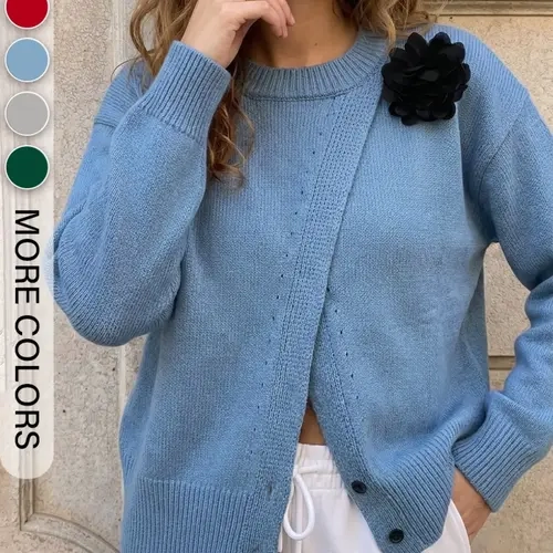Women's Casual Fit Knit Pullover Sweater, Round Neck Long Sleeve Button Front Split Design, Fall & Winter Fashion