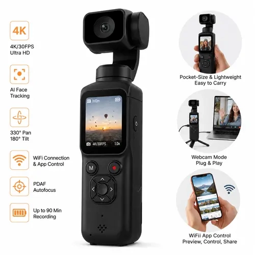 Compact Video Camera - USB Rechargeable Camcorder, Portable Recorder, Video Recording Equipment, Rotatable Lens, 1.72" Touch Screen, Subject Tracking, Face Focus, Wireless Connectivity, 32GB Memory Card, Tripod Mount for Vlogging, Travel