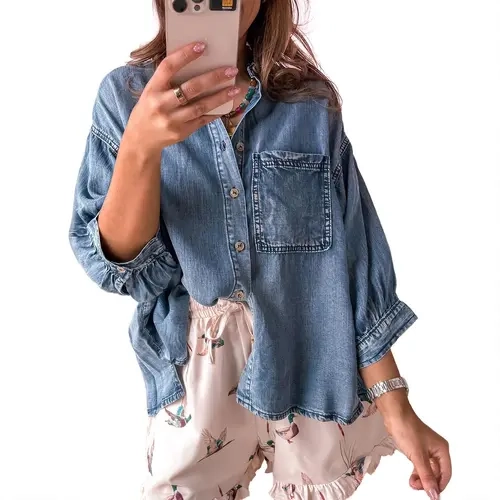 Asvivid Women's Loose Fit Denim Blouse Shirt Three Quarter Sleeve Button Down Casual Jean Blouses with Chest Pocket Spring Fall Fashion Top for Everyday Wear Womenswear