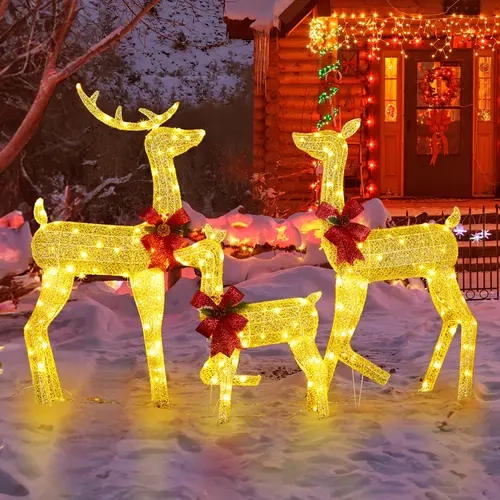Golden 3-Piece Metal Reindeer Figurine Outdoor Holiday Decorations Set - Decorative Ornaments, Water Proof 2D Home Supplies, 200 Glowing LED Warm White Holiday Decoration Lights with Stakes