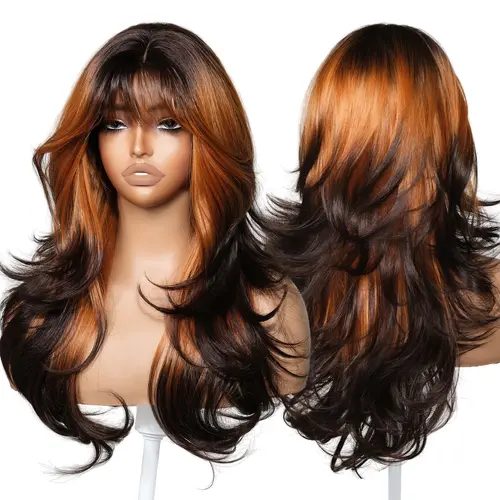 BrownBomb 24in Straight Full Bangs Unisex Synthetic Full Machine Wig - Glueless, Elastic Drawstring Adjustable Cap, Breathable Lightweight, Natural Hairline with Scalp Simulation, Heat-Friendly, Ideal for Commute, Dates
