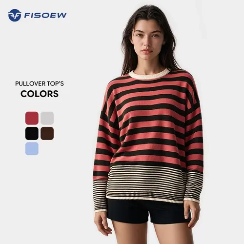 Fisoew Women's Retro Striped Plus Size Ribbed Color Block Oversized Round Neck Long Sleeve Knitting Pullover - Lightweight, Contrast Trim Hem, Everyday Women's Clothes, Casual Fall Wear