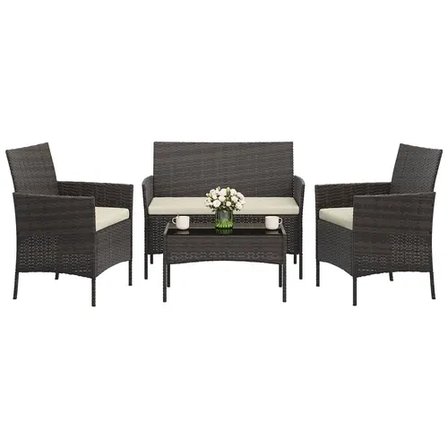 Garvee 4-Piece Wicker Rattan Patio Conversation Set - 2 Chairs + Loveseat & Tempered Glass Coffee Table - All-Weather Cushioned Outdoor Seating for Porch, Deck, Garden