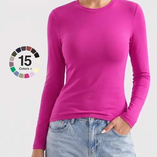 Women's Round Neck Long Sleeve Slim Fit Cropped Dry Fit Performance Gym Athletic Top - Soft Stretchy Moisture-Wick Solid Color All-Season Activewear Workout Clothes for Students