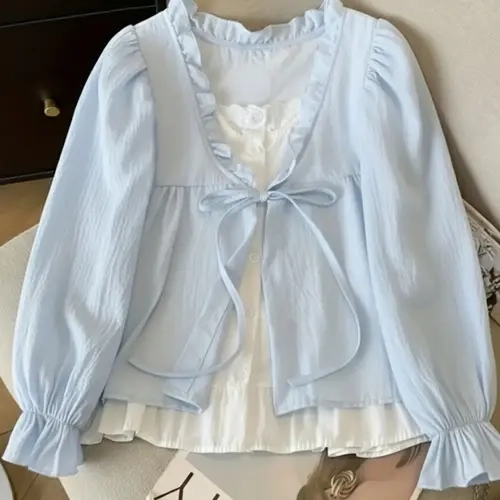 Bubble Sleeve Shirt with Ruffled Ruffle Edges, Loose-Fitting Solid Pattern Top, Casual Chic Top, Fall & Winter Everyday Fashion, Unlined Clothing for Women