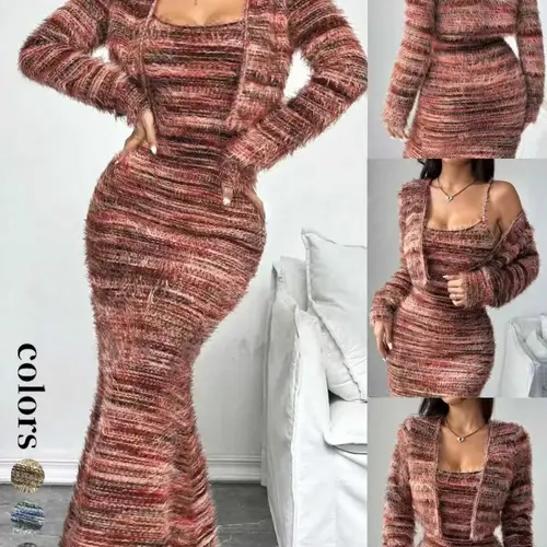 New Fall & Winter Vintage Colorblock Knit Set, Casual Elegant Chic Cardigan, Long-Sleeve Jacket and Dress, Women's Fashion