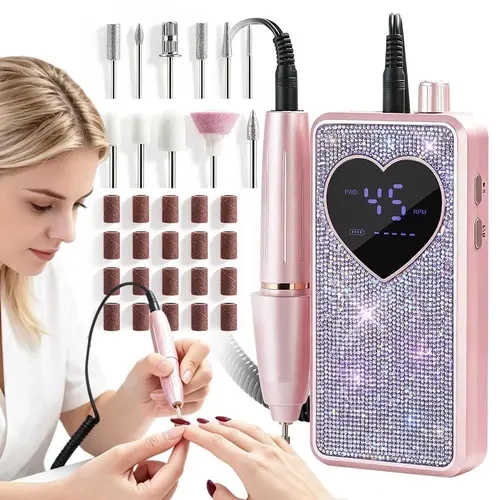 Rhinestone Decor Rechargeable Nail Drill Machine, 4500 RPM Low-Noise Low-Vibration Electric Nail File with Display Screen, 1600mAh Large-Capacity Battery, Nail Care Set for Nail Trimming & Polishing, home diy manicure, Ideal Gift for Girlfriends
