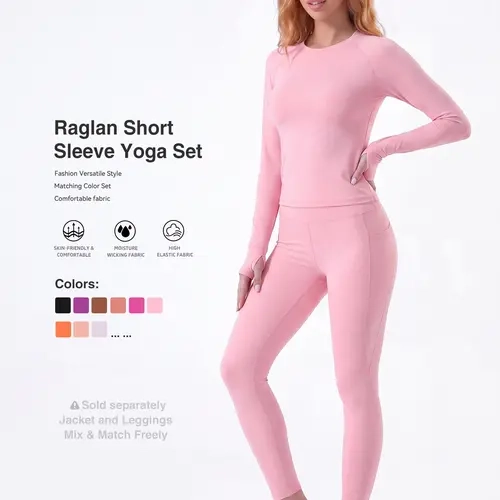 Uncia Active Women's  Yoga Workout - Raglan Sleeve Thumb Hole Top, High Waist Tummy Control Pocket Leggings, Polyester Blend, Female Fit, All Seasons Gym Workout Apparel,