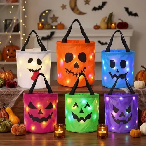3/6 PCS Halloween LED Light Candy Pumpkin Bucket Sets - Reusable Non-Woven 13.39x8.66in Unisex Trick-or-Treat Bags, Candy Bags for Party Favors, Decoration for Garden Lawn, Festive Home Supplies
