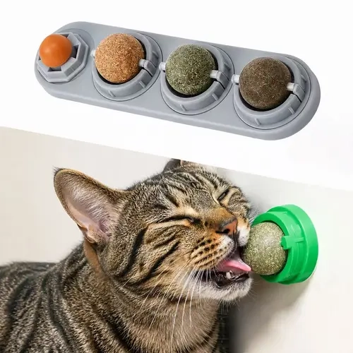 4 Pack Wall-Mounted Self-Licking Catnip-Silvervine Balls, 360-Degree Rotatable Dental Cleaning Interactive Cat Toys for Indoor Cats, Long-Lasting Home Entertainment Accessory