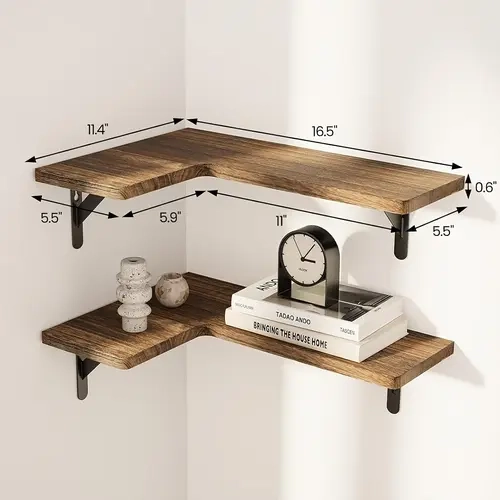 2-Pack Rustic Dark Brown L-Shape Corner Carbonized Wood Floating Shelves Set - 0.6 in Thick, 40 Lbs Heavy-Duty Metal-Mounted Organizer, Easy Installation, Decor Wall Unit for Multiple Rooms, Photo & Bookshelf Storage