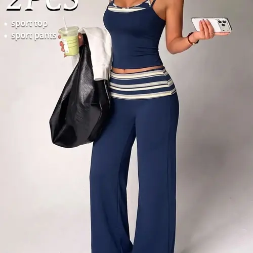 New Women's Striped Print Yoga Set, Sporty Tank Tops & High Waist Pants, Quick Dry, Comfortable, All Seasons, 2-Piece Sports, Yoga Sportswear Set