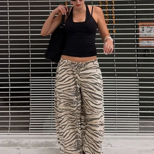 Women's Animal Print Wide Leg Pants, Summer Mid Waist Baggy Trousers, Elegant Casual Elastic Waistband Streetwear for Holiday Bottoms