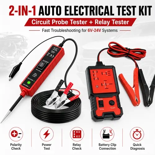 2-in-1 Dual Function Automotive Electrical Test Kit, Car Repair Tools with 6V-24V Circuit Testing Probe, 4-Pin & 5-Pin Relay Tester, Power Ground Polarity Checker, Battery Clips for Cars/Motorcycles