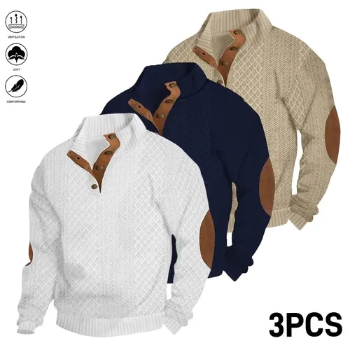 Men's 3-Pcs Jacquard Stand Collar Henley Sweatshirt - Long Sleeves, Button Front, Polyester Blend, All-Seasons, Casual Fit Streetwear, Fitted Cut Menswear Top
